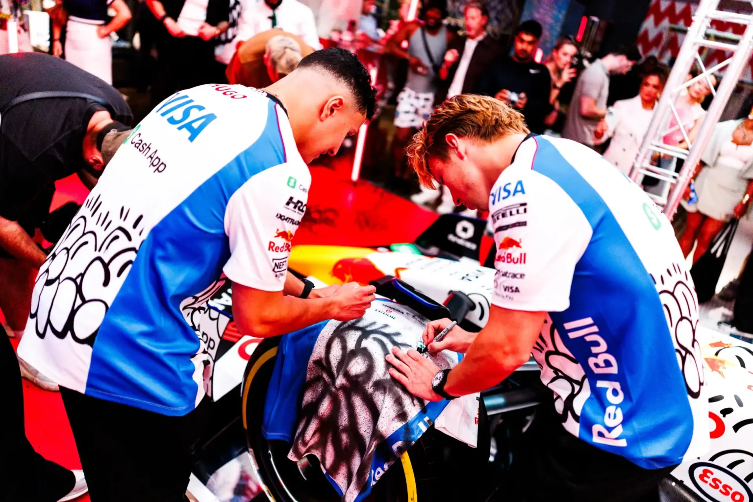 red bull Liam Lawson and Isack Hadjar during the VCARB Livery Reveal on July 01, 2025 in London, United Kingdom - Photograph by Vladimir Rys