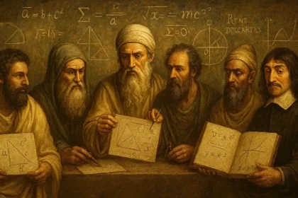 Pitágoras, Euclides, Arquimedes, Eratóstenes, Bhaskara e René Descartes (Crédito: vortice.ai)