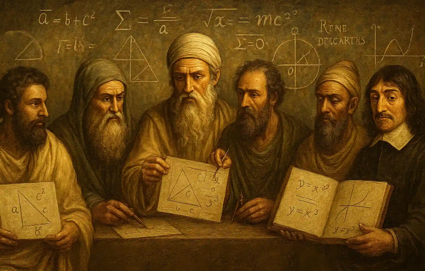 Pitágoras, Euclides, Arquimedes, Eratóstenes, Bhaskara e René Descartes (Crédito: vortice.ai)