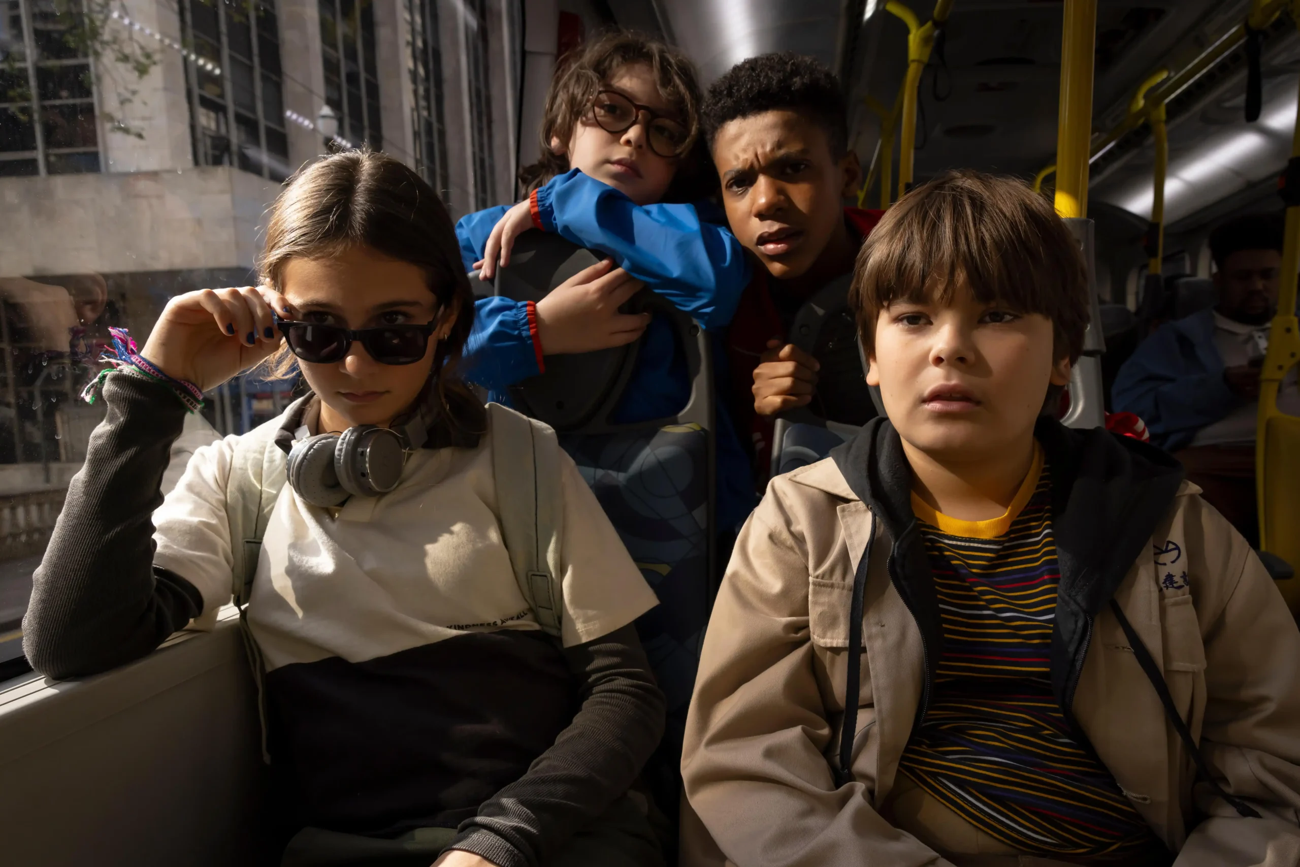 Francisco Galvão, Bella Alelaf, Samuel Estevam e Breno Kaneto em cena de “O Gênio do Crime”- Divulgação Paris Filmes